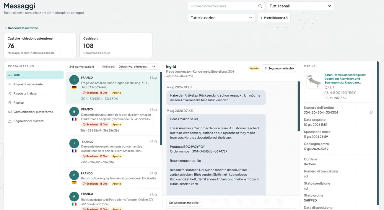 Anteprima interfaccia Messaggi AI di Bonsai — inbox unificata dei ticket clienti dai marketplace collegati